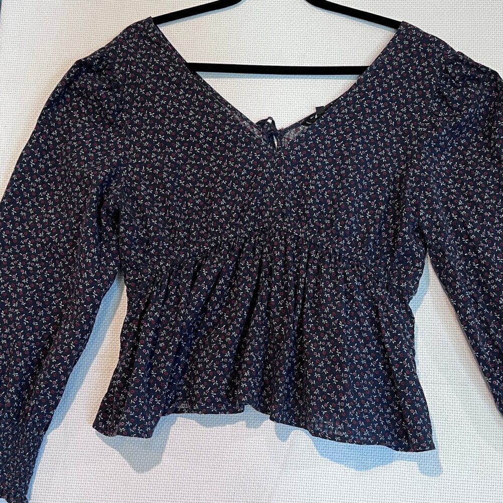 Madewell Boho Floral Peasant Blouse L Smocked Waist Puff Sleeves Ditsy Print Top